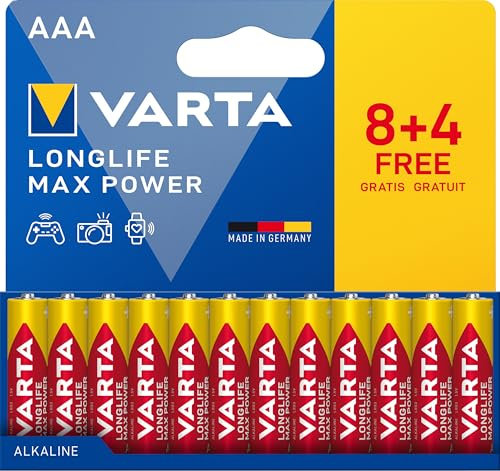 VARTA Piles AAA, 8+4 (lot de 12), Longlife Max Power, Alcalines, 1,5V, emballage recyclé à 90%, adaptées aux appareils photo numériques, contrôleurs, Made in Germany