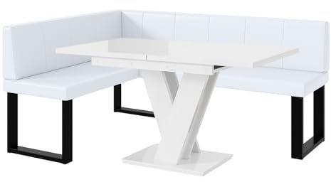 MEBLINI Eckbank für Esszimmer mit ausziehbarem Tisch - Küchenbank - Essecke - Sitzecke Küche - Peter - U-Beine 128x168x87cm Links - Weiß Kunstleder/M Weiß Hochgl.