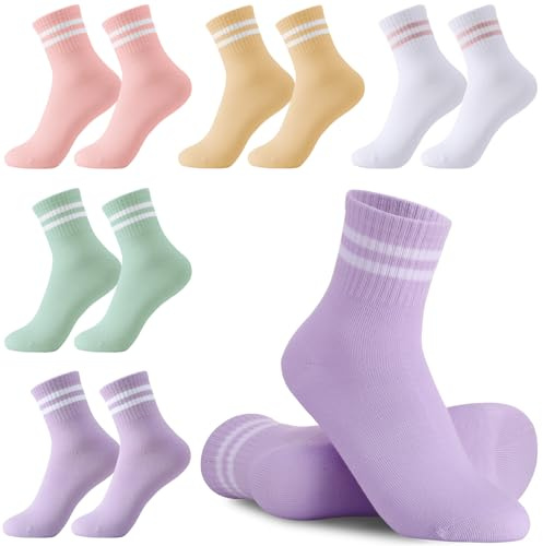 Utensilsto 5 pares de calcetines deportivos para niños calcetines de tenis 33-37 calcetines infantiles calcetines de algodón para niños y niñas, Verde con rayas blancas,Rosa con rayas blancas,Púrpura