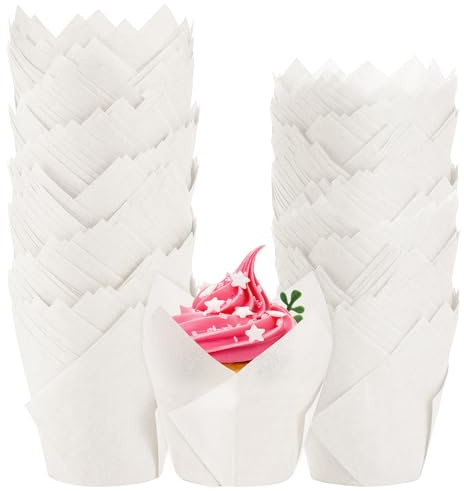 BTSD-home 200 Stück Cupcake Förmchen Tulip Muffinförmchen Papier für Backen Partyferien Hausgemachte Cupcakes und Bäckerei(Weiß 7.87×5.08×8.13 cm)