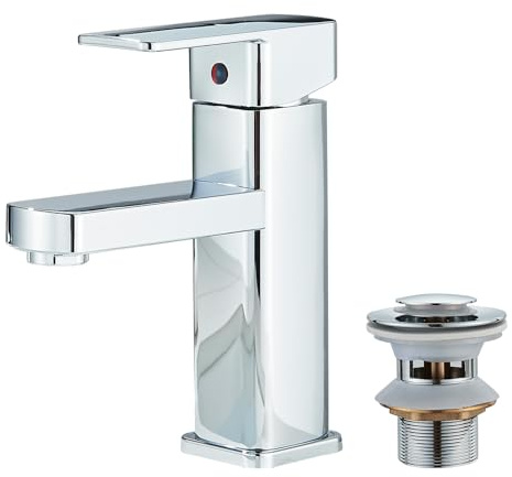 JUNSOTTOOR Bathroom Sink Taps Mixers Square Basin Taps Monobloc Basin Mixer Tap 1 Hole Bathroom Taps with Hot and Cold Hoses for Bathroom Washroom Cloakroom Chrome
