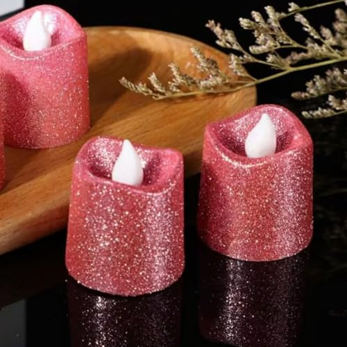 YiYFiT Velas votivas LED rosas con purpurina, funciona con pilas, velas falsas, velas de té sin llama, regalos para fiestas en casa, bodas, Halloween, decoración navideña (6 unidades)