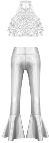 inlzdz Traje De Baile De Disco para Niñas Camiseta Corta De Lentejuelas Brillantes + Pantalones Cintura Elástica Ropa De Deportivo Danza Gimnasia Yoga Plateado 9-10 años