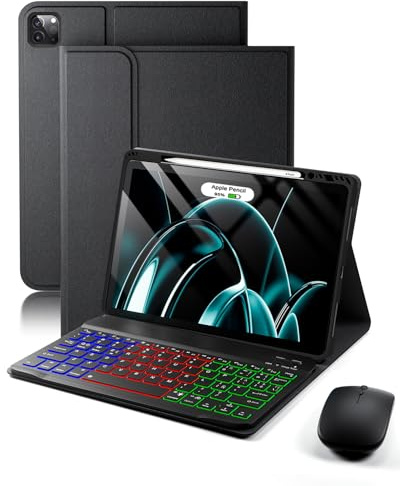 Para iPad Air 13 pulgadas(M4-2026 M3-2025 M2-2024)/iPad Pro 6a/5a/ 4a/3a Generazione 12,9 pulgadas funda con Teclado inalámbrico Bluetooth retroiluminado (teclado QWERTY, distribución española)y ratón