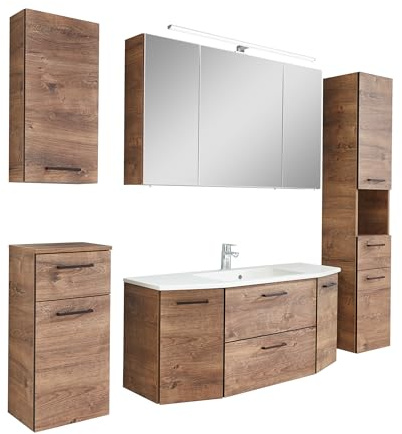 Pelipal - 358 Moris - Badmöbel-Set - 112 cm - 6-teilig mit Spiegelschrank, Mineralmarmor-Waschtisch usw. in Eiche Ribbeck quer/Kanten + Griffe in Schwarz - Restposten