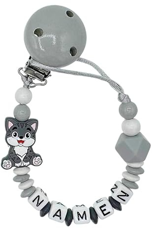 Nuckelkette mit Namen  KATZE  Hellgrau Weiß Grau/Baby/Unisex/Personalisiert/HANDMADE