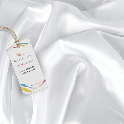 TOLKO 1m Glanz Satin Stoff Meterware als Modestoff Dekostoff Kostümstoff Gardinenstoff Vorhangstoff Hochzeitsstoff | Glitzer Satinstoffe zum Nähen Dekorieren | Nähstoffe 150cm breit (Weiß)