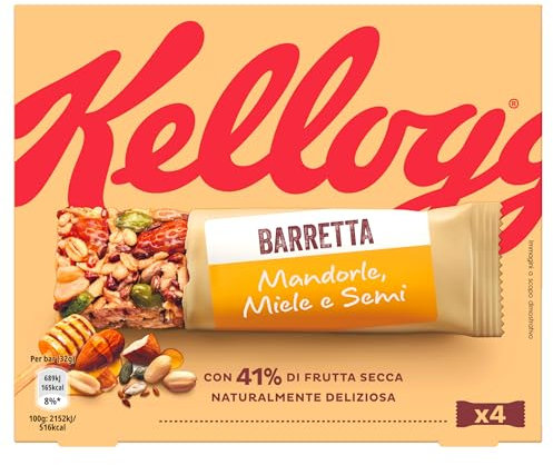 Kellogg's Barretta | Gusto Mandorle, Miele e Semi | Ricca di Fibre e con 41% di Frutta Secca | 4 barrette da 32g (Confezione da 128g)