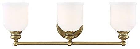 Savoy House 8-6836-3-322 Melrose Traditional Mid-Century Modern Vintage White Opal Etched Glass Bathroom Vanity Wall Light, 3-Light 180 Total Watts, 8 H x 24 W, Warm Brass