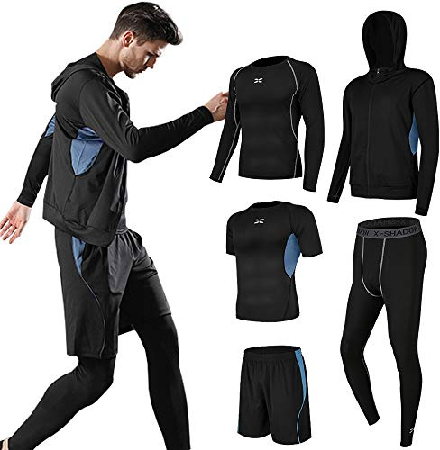 Superora 5 st fitness gym sportkläder herr sportkläder kompressionsbyxor T-shirt shorts löpning leggings herr set, Blå, M