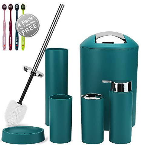 Otostar Bathroom Accessory Set 6 Pcs Plastic Bath Accessories Lotion Bottles,Toothbrush Holder, Soap Dish,Toilet Brush with Holder,Trash Can,Tooth Mug Decor Housewarming Toothbrush Gift (Dark Green)