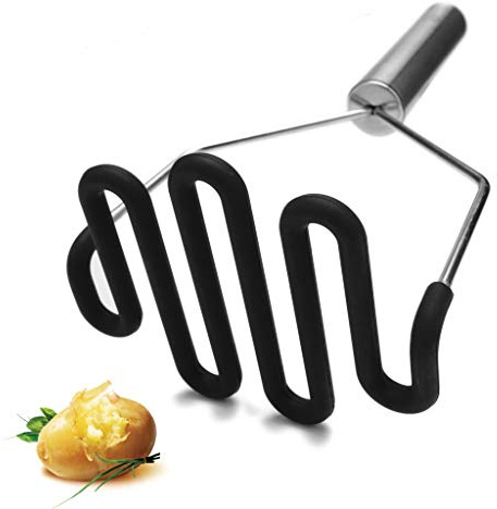 Potato Masher, Silicone Protect Body with Premuim Stainless Steel Non-Scratch Cookware for Smooth Mashed Potato Vegetables and Fruits Color Black by Jell-Cell