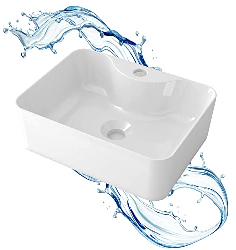 Starbath Plus - Lavabo in ceramica bianca - Forma rettangolare - Con foro per rubinetto - Dimensioni 41 x 31 x 13 cm - Ideale per piani d'appoggio in bagno e mobili da toilette