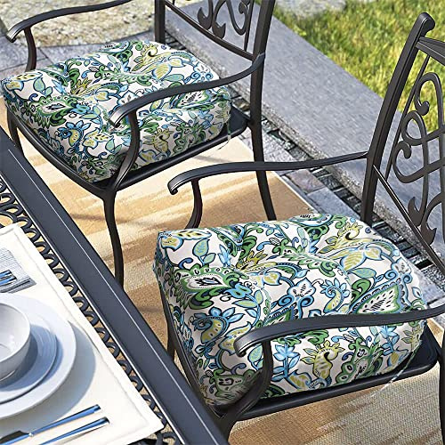 Magpie Fabrics Outdoor/Indoor Tufted Seat Cushion with Ties Set of 2, 19x19 Waterproof Patio Chair Pads Tatami Floor Pillow for Room Garden Balcony Office Decor(Botanical Blue)