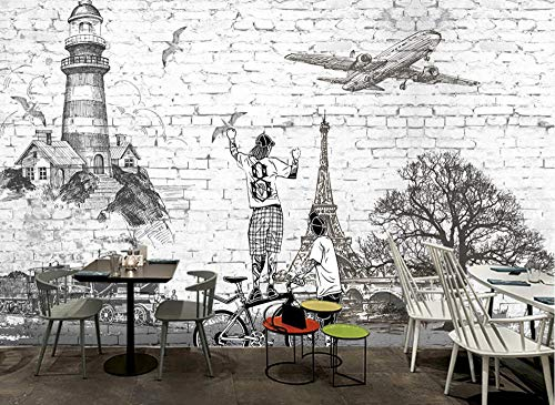 Papel Pintado 3D Aeroplano Tren Arquitectura Graffiti Blanco Ladrillo Fotomural 3D Papel Tapiz Moderno Papel Pintado Pared Dormitorio 150cmX105cm