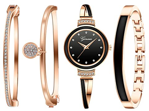 JewelryWe 4pcs Damenuhr Armreif Set Damen Strass Metallarmband Analog Quarz Uhr Kristall Armband Schmuckset Geschenke für Frauen