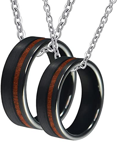 Bishilin Pärchen Kette Edelstahl, Paar Halskette 8MM Schwarz mit Holz Ring Anhänger Charms Partnerketten für Sie und Ihn