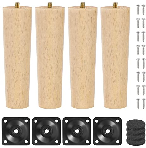 Knpwer 4 Stück 15cm Möbelfüße Holz Möbelbeine, Massivholz Beine Aus Eiche für Stühle Schrank Sofa Bett Couch, mit Montageplatten, Schrauben und Filzgleiter (Gerader Fuß)