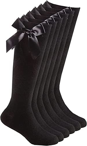 COSHAL® 3 Girls Knee High School Cotton Socks with Fluffy Ribbons Bow Back to School Sock's Uniform Party Comfort Fit Socks Stocking Girls Knee High Kids School Sock Size (4-6) Black KHB