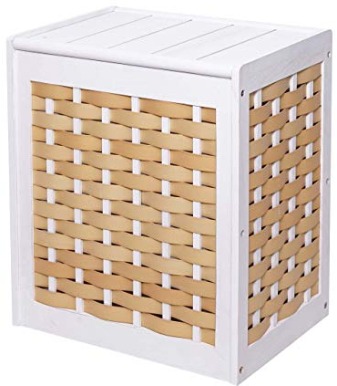 Wäschekorb HWC-G37AM, Wäschesammler Wäschesortierer Wäschebox, Massiv-Holz Shabby-Look Geflecht 61x51x35cm - weiß