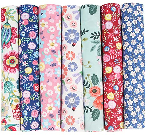7 Stück 50 x 50 cm Baumwollstoff Patchwork Stoffe Paket, Stoff für Quilten, Meterware Baumwolltuch für DIY Nähmuster Handwerk, Blume B