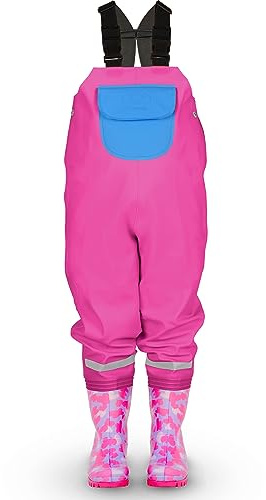LOVRAIN wasserdichte Kinder Wathose Regenhose mit Stiefeln Kinder Brustwathose Herzen Rosa 32/33