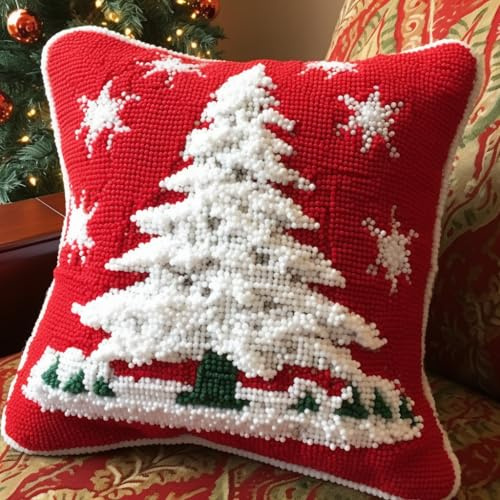 Merry Christmas Knüpfhaken-Set mit weißem Schneebaum, rotes Kissen, Häkelgarn, Teppich, vorgedrucktes Kissen, Handarbeit, Kissenbezug, Haken und Riegel-Set, Weihnachten, Heimdekoration, 43 x 43 cm (4)