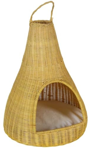 Katzenhaus Tipi mit Kissen 40x40x62 cm in Natur-Beige mit Tragegriff | Rattan-Korb Katzenhöhle Katzen-Korb für kleine bis mittel große Katzen LOM20090