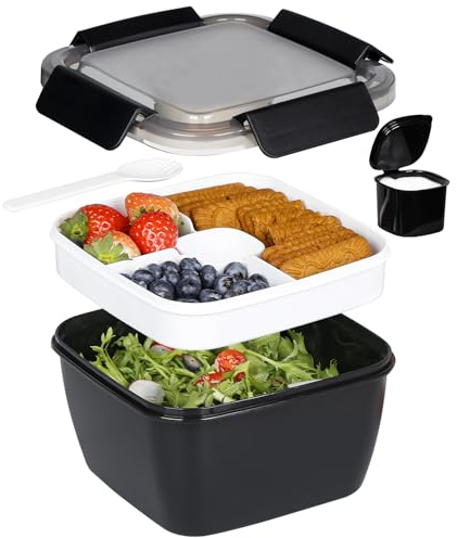 Greentainer Lunchbox Auslaufsichere Bento Box mit 1 Gabel, Salatbehälter mit Dressingbehälter, 3 Fächer Salatbox-to-go für Schule,Arbeit,Picknick, Reisen,Camping (Schwarz, 1500 ML)