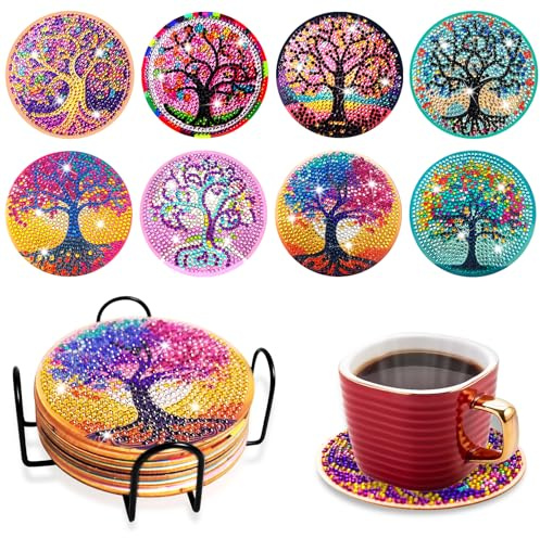 8 Stück Diamant Kunst Untersetzer Set mit Halter, Diamond Painting Serviertablett, Untersetzer Rund Magischer Baum Diamond Painting für Tassen, Weingläser, Vasen und Heimküche