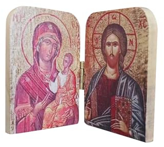 IYSHOUGONG Díptico de iconos católicos ortodoxos de profesor cristiano y Nuestra Señora de Kazán, libro de madera falso, portátil con palma, iconos ortodoxos católicos para el hogar o para viajar