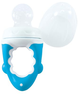 dentistar Baby Fruchtsauger 1er Pack - für Obst & Gemüse - ab 6+ Monate - 5-teiliges Set (Schutzkappe, Silikonsauger, Netz, Schraubring, Griff) - BPA frei – Blau