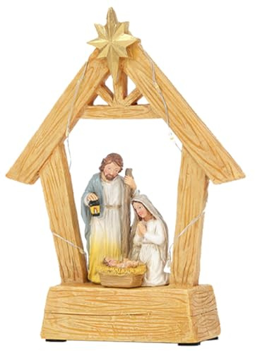 Estatua de la Sagrada Familia - Belén estable con luces, Belén navideño con establo | Adornos del nacimiento de Cristo de Jesús, escena del pesebre de la Sagrada Familia, figuras de Natividad para mes