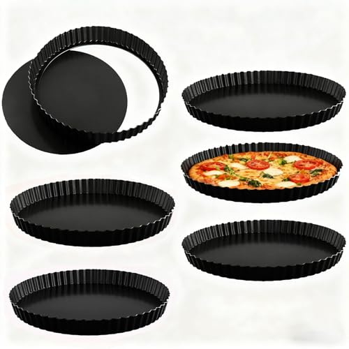 HONYUET 6 PCS 12 Inch Quiche Tin with Loose Bottom, 30cm Large Flan Tin, Carbon Steel Tart Pan Dish for Oven Baking Pie