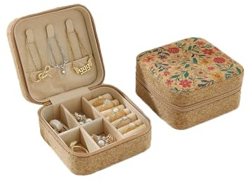 fdsmall Mini Caja de Joyería de Viaje de Corcho Para Mujeres, Mini Caja de Joyería Portátil, Pulsera de Anillo de Joyería Impresa Bohemia, Caja de Almacenamiento (Flores)