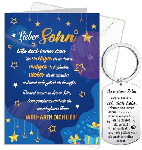 HOWAF Sohn Geschenke von Mama Papa, An meinen Sohn Geburtstagskarte für Sohn Karte Lasergravierter Edelstahl-Schlüsselanhänger Sohn, Geschenk für Sohn, Mutter Sohn Geschenk, Weihnachtsgeschenke
