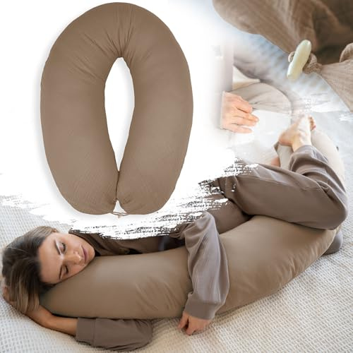 PaLulli® Cojín de lactancia ergonómico XXL, 190 x 30 cm, con funda de algodón de muselina orgánica, ideal para embarazadas y para dormir de lado, comodidad y apoyo para adultos y madres (marrón)