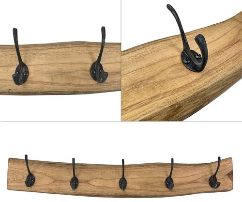 Online Fuchs Garderobenleiste aus Teak Holz mit 5 schwarzen Metallhaken - Wandgarderobe im Vintage Look, Garderobenhaken