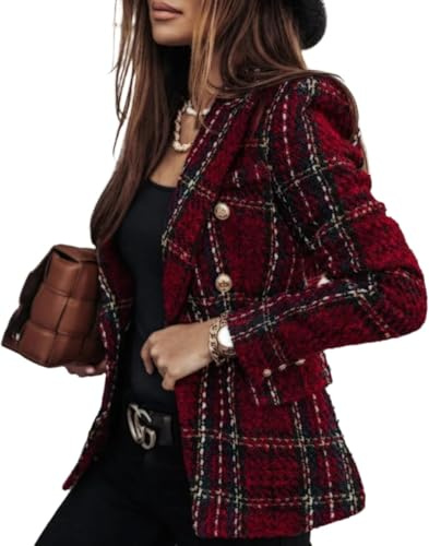 Blazer en Tweed de Printemps pour Femme Veste à Manches Longues avec Poche Coupe ajustée Formel élégant à Carreaux Veste de Bureau à Double Boutonnage