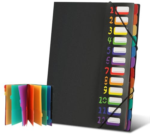 Dokumentenmappe A4, Fächermappe mit 12 Fächern, Bunte Etiketten Sortierordner Mappe, Wasserdicht, Kapazität Unterschriftenmappe A4 mit Gummizug, für Schule, Zuhause, und Auf Bürobedarf (Schwarz)
