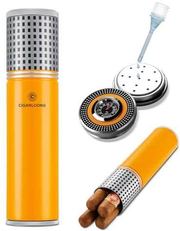 Tragbare Zigarren Humidor Edelstahl Zigarrenetui,Reise Zigarrenetui Langlebig Zigarrenkoffer mit Hygrometer & Befeuchter, Ideal Zigarrenrohr Humidor Tube für 3 bis 4 Zigarren (gelb)