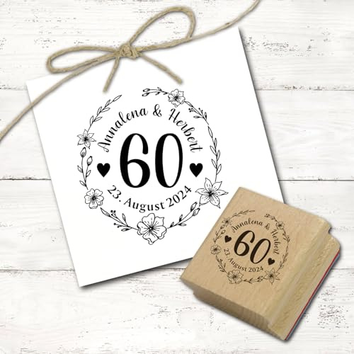 Dekolando Hochzeitsstempel personalisiert mit Namen & Datum - Diamantene Hochzeit Hochzeitstag Stempel Ø 48 mm Holzstempel 60 Jahre