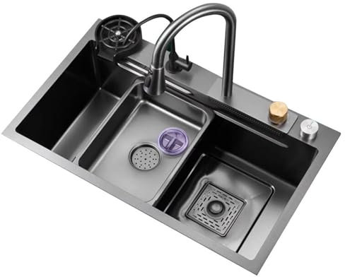 GLMGBP Küchenspüle Küche 68/75/80 cm Große Küchenspüle Multifunktionale Wasserfallauslaufspüle mit komplettem Zubehörset Haushaltsspüle aus Edelstahl Geschirrspüler Einbauspüle Spülen (Farbe: Schwa