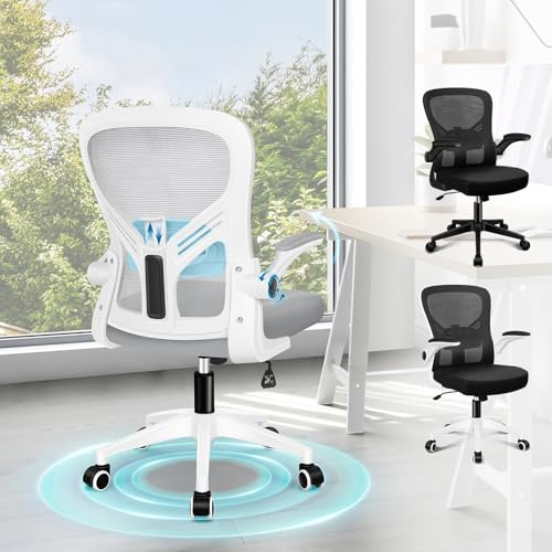 ALFORDSON Silla Escritorio Ergonómica con Soporte Lumbar Ajustable, Reposabrazos Abatibles Ahorro de Espacio, Malla Transpirable,Sillas Oficina Ejecutiva para Recepción,Hogar,Reuniones(Blanca y Gris)