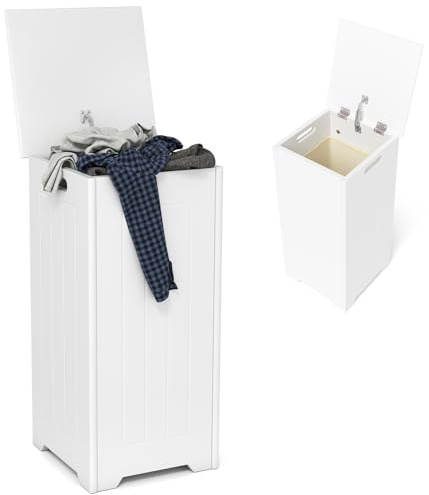 HOMASIS 35L/28L Secchio per Lavanderia da Bagno, Cesto Portabiancheria con Coperchio in Legno, Cesta Panni Sporchi Salvaspazio per il Bucato, 30 x 30 x 61 cm, Bianco (Modello 2, con Tasca)