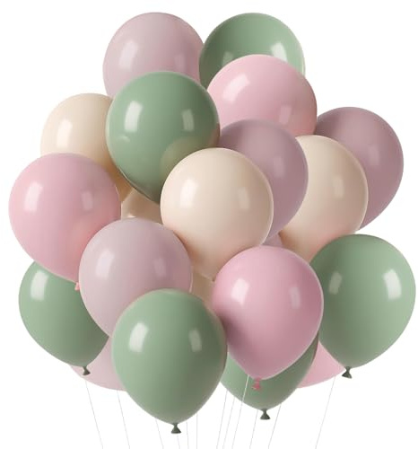 Sage Green Pink Balloons, 60 Pcs 12 Inch Retro Dusty Pink Olive Green Balloons, Pale Pastel Orange Balloon for Girls Baby Shower Boho Wedding Bride Shower Birthday Fairy Floral Party Decorations