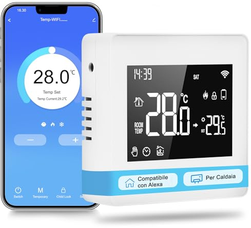 Termostato WiFi, Termostato Caldaia Programmabile, Intelligente 503 da Parete, LCD Digitale Touchscreen, per Alexa e Google Assistant, a Batteria, 3A, Bianco