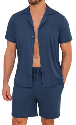 Marvmys Pyjama Homme Été à Manches Courtes Ensembles De Pyjamas Boutonné Col à Revers Vêtements De Détente Loungewear 2 Pièces Confortable Doux S-3XL