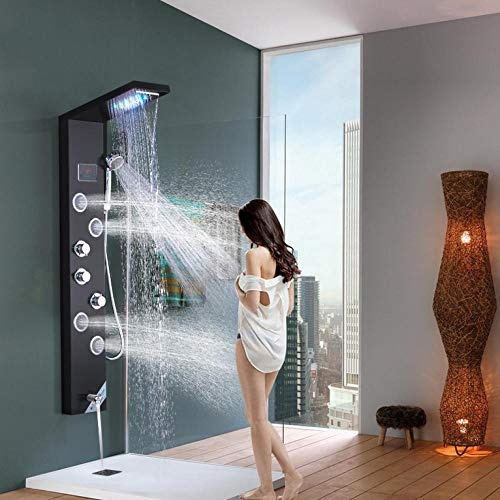 Panel de ducha LED tipo lluvia con pantalla digital, chorros de spa de 2 vías, mezclador de ducha hidráulica, color negro, experiencia de cascada de lluvia de lujo para un baño similar al spa