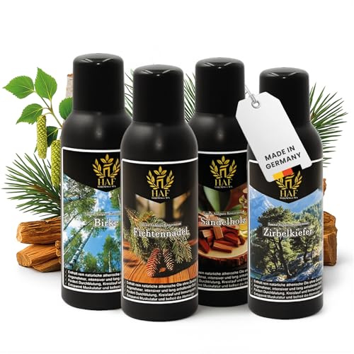 HAF Saunaaufguss Set „Naturkraft“ - 4 x 100ml Sauna Aufgussmittel Birke, Fichtennadel, Sandelholz, Kiefer - Saunaduft mit natürlichen ätherischen Ölen & ohne Zusätze